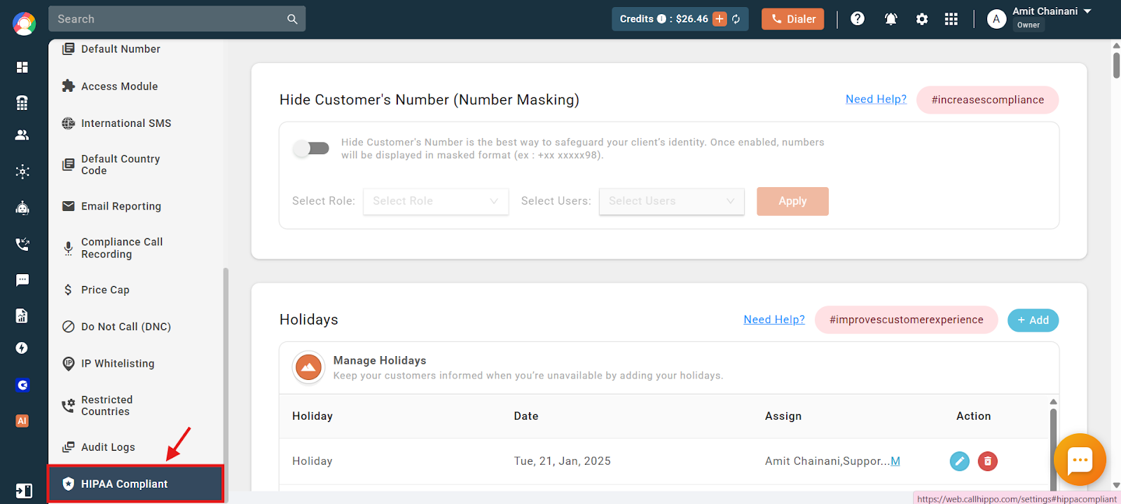 HIPAA Compliant option highlighted in the CallHippo Settings sidebar