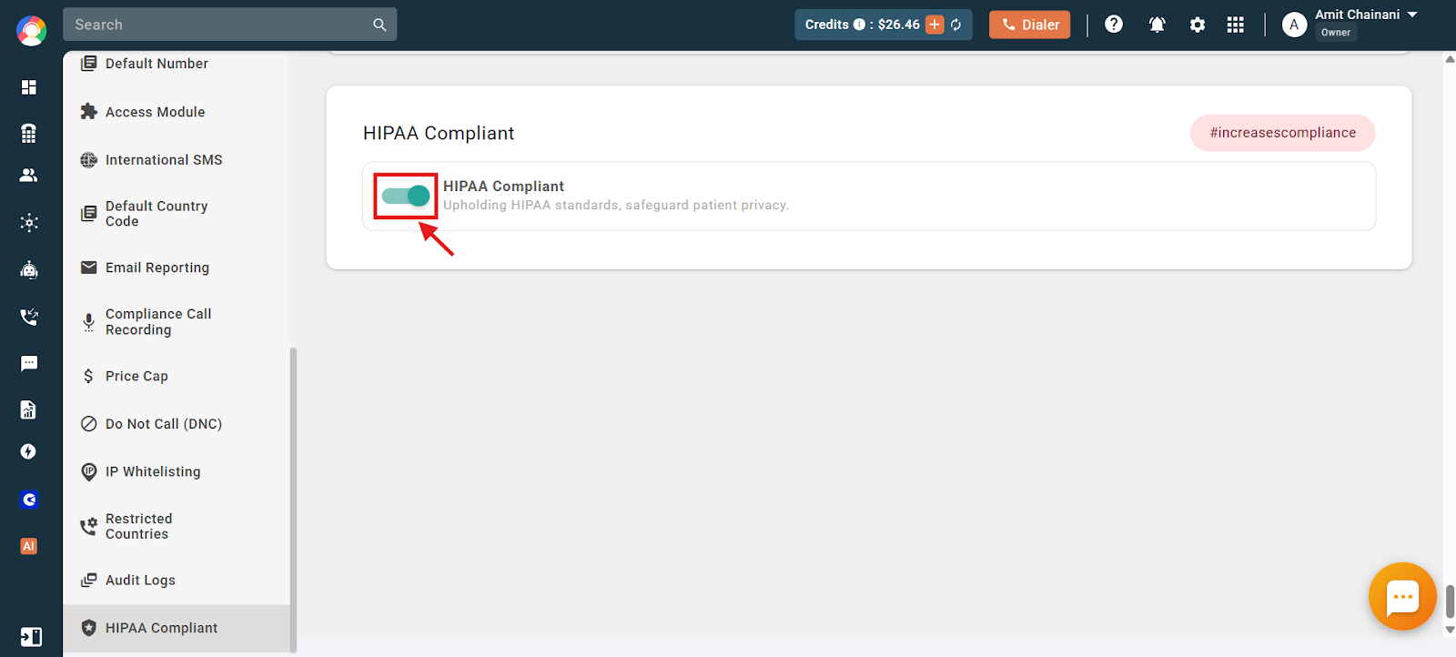 HIPAA Compliant toggle switched on in CallHippo settings