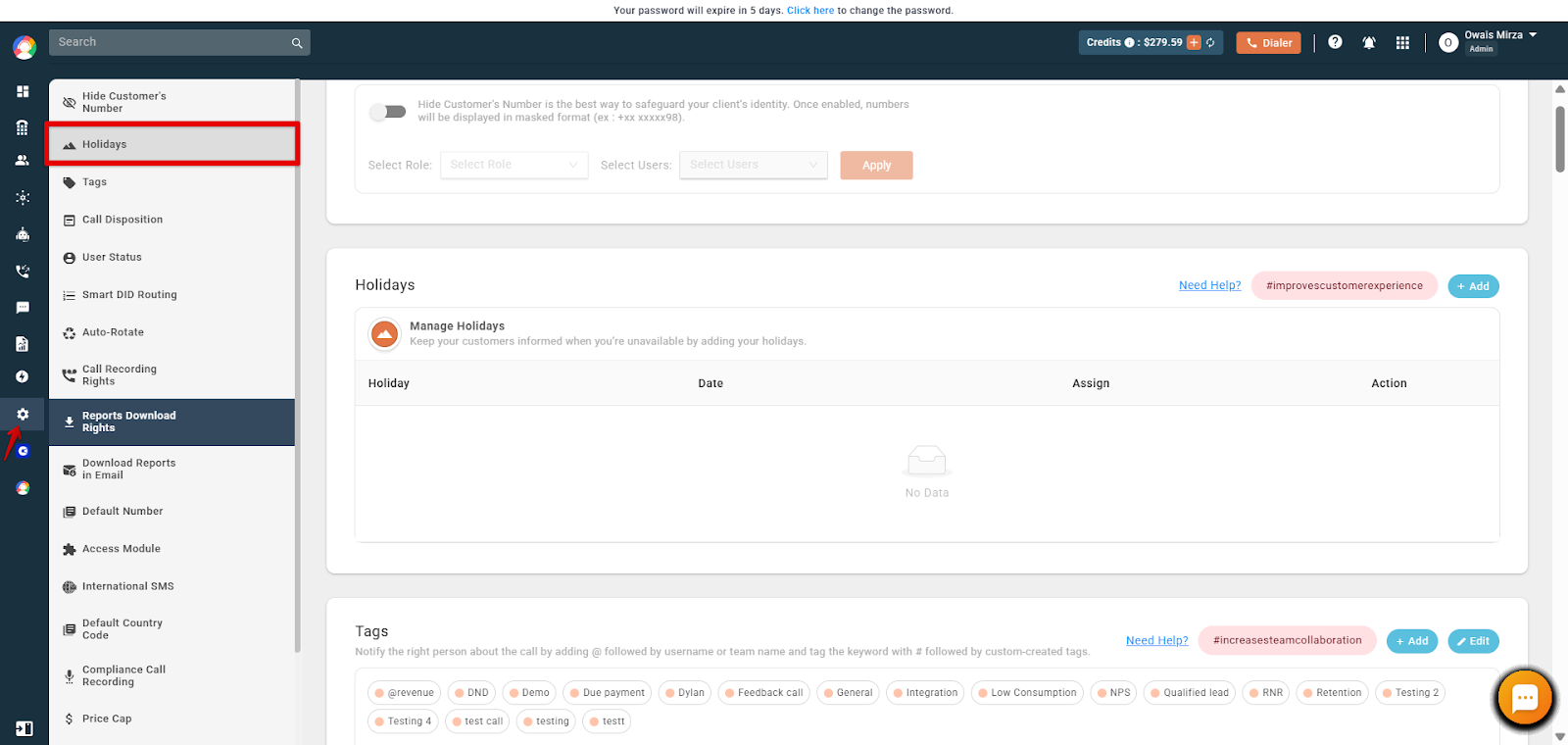 CallHippo Settings page with the Holidays option highlighted in the left-hand menu