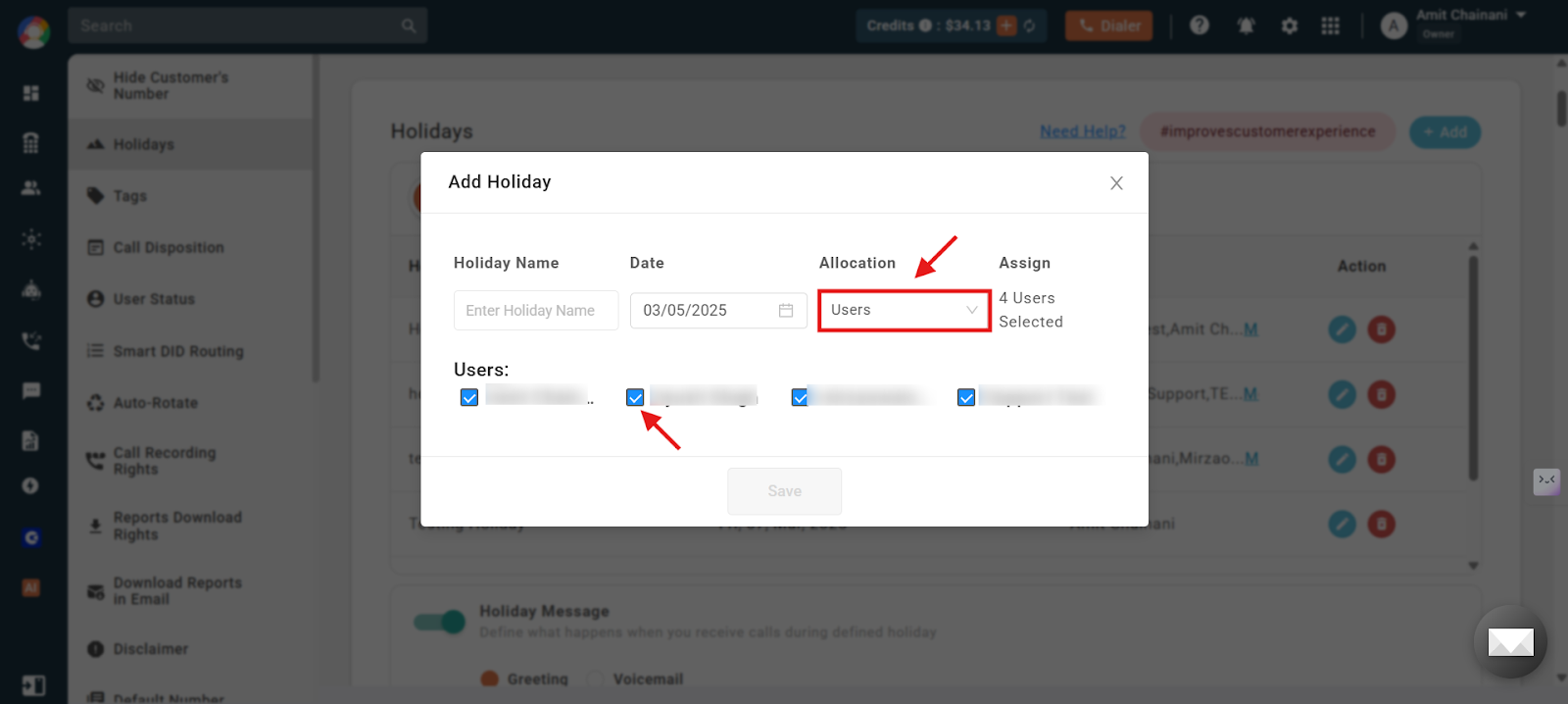Add Holiday dialog showing Holiday Name, Date, Allocation and Users fields