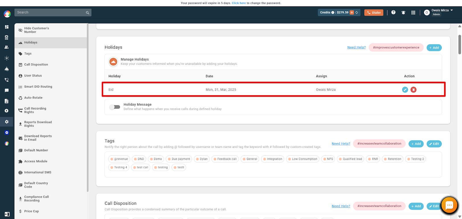 Saved holiday entry shown in the Manage Holidays list with the Holiday Message toggle