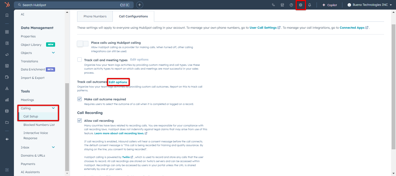 HubSpot Call Configurations page with Track call outcomes Edit options highlighted