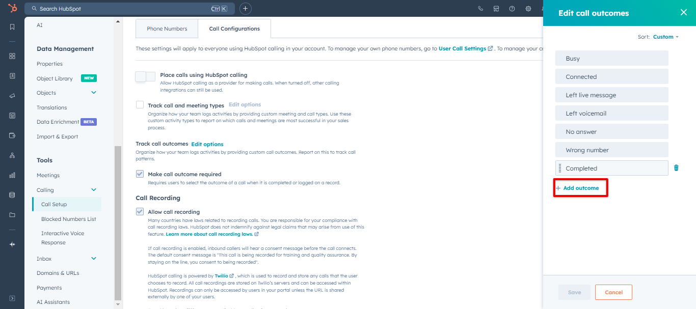 HubSpot Edit call outcomes sidebar with Add outcome button highlighted