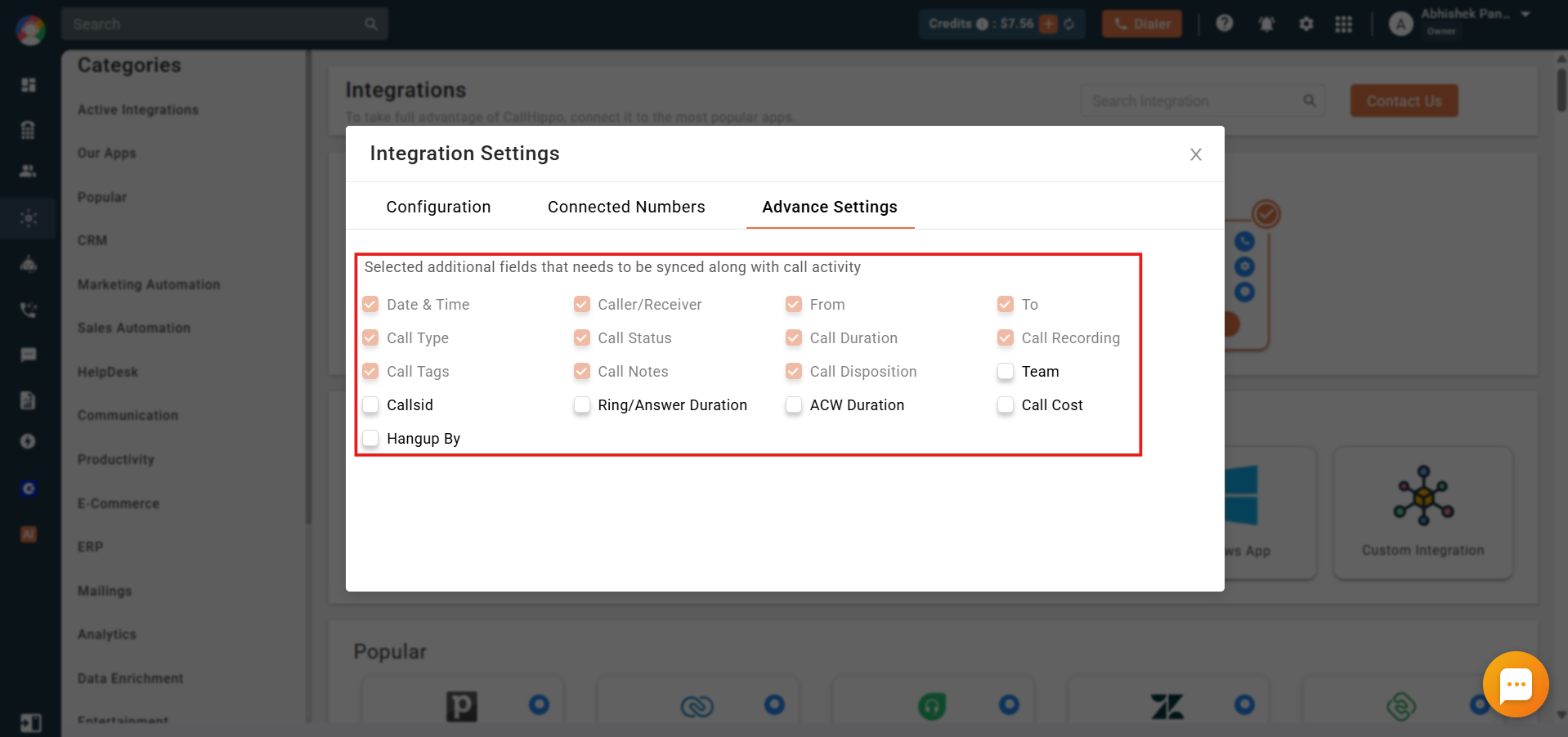 CallHippo Integration Settings Advance Settings tab with sync field checkboxes