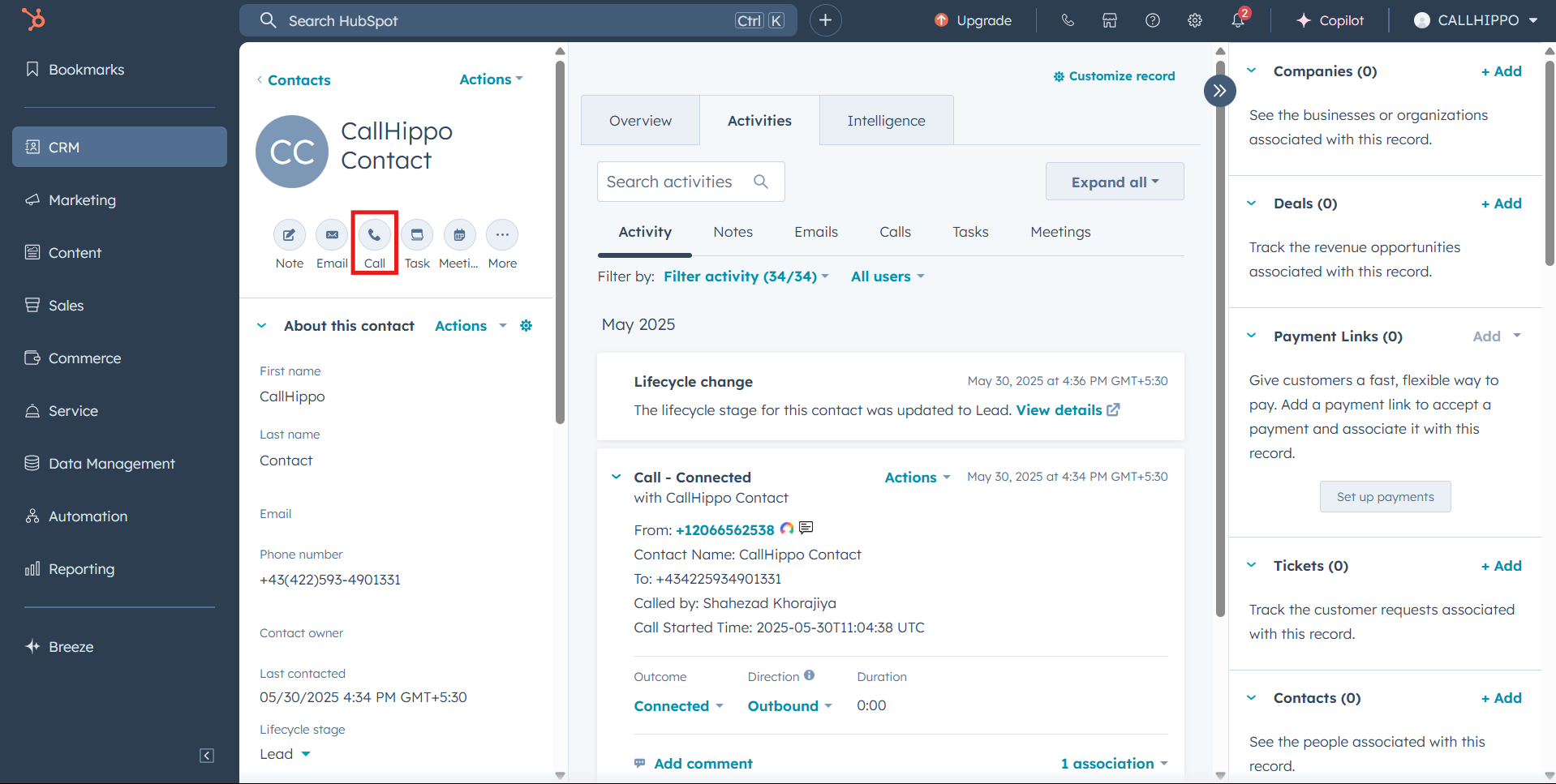 HubSpot contact detail page with the Call icon highlighted
