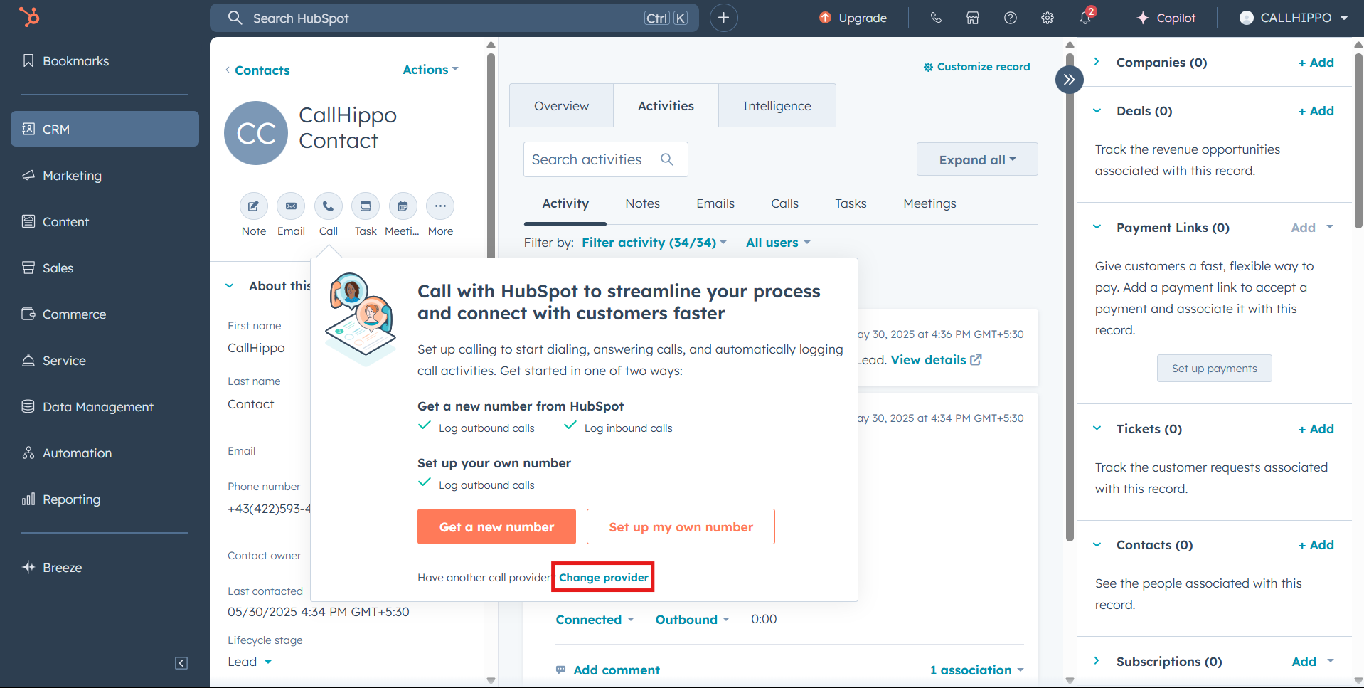 HubSpot calling popup with the Change provider link highlighted