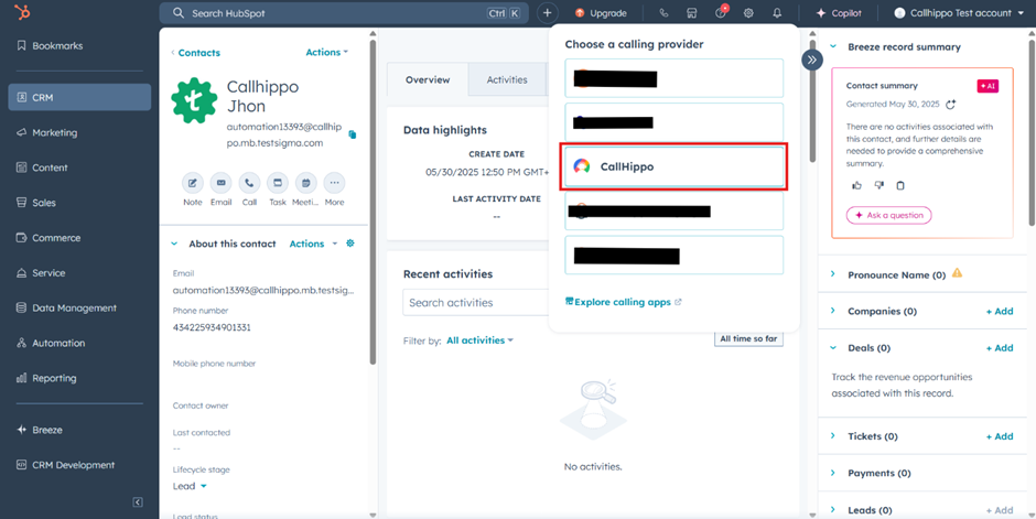 HubSpot Choose a calling provider list with CallHippo selected