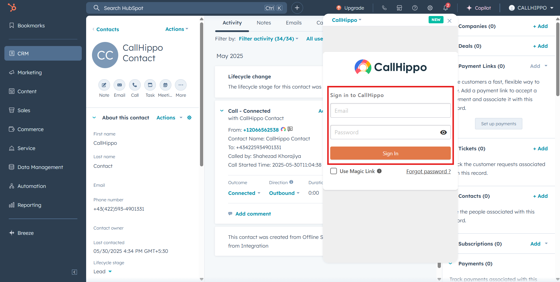 Sign in to CallHippo panel inside HubSpot with email and password fields