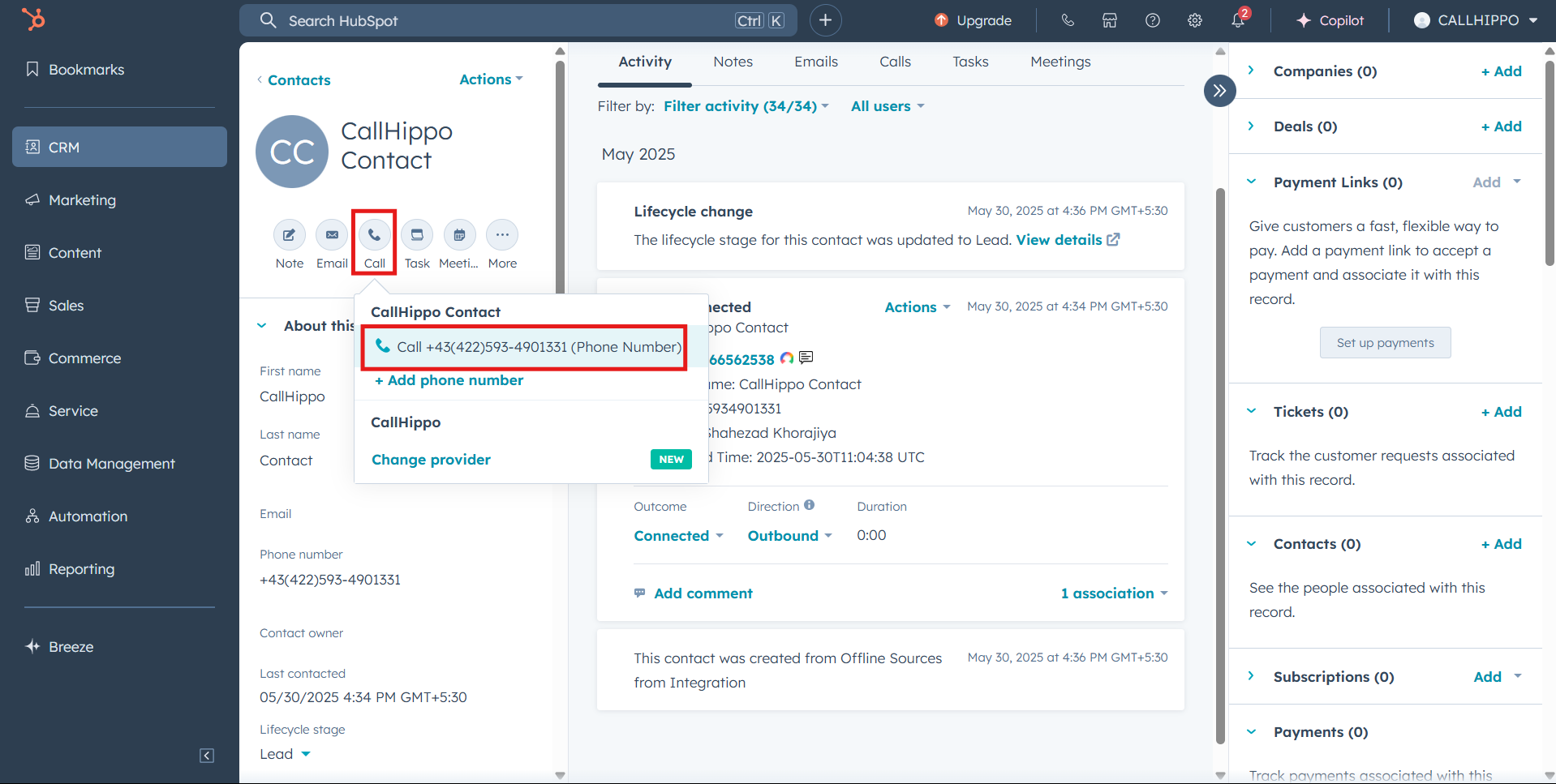 HubSpot Call menu with the contact phone number option to place a call
