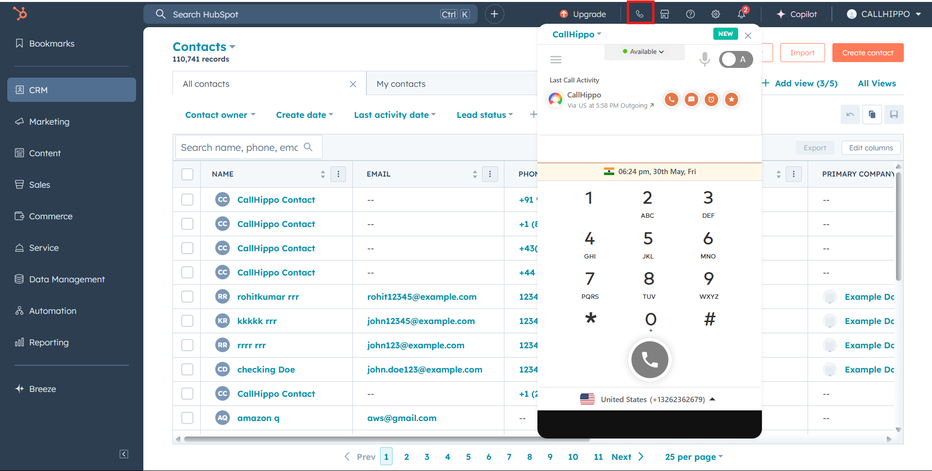 HubSpot top bar phone icon highlighted to enable receiving incoming calls