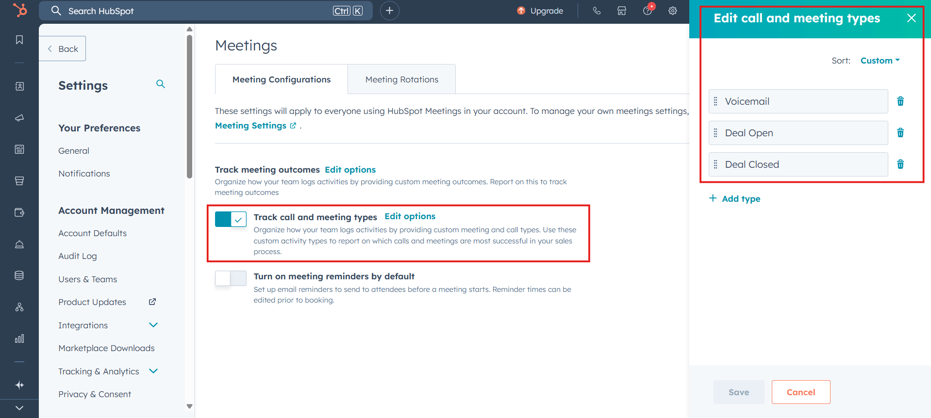 HubSpot Meetings settings with Edit call and meeting types sidebar open