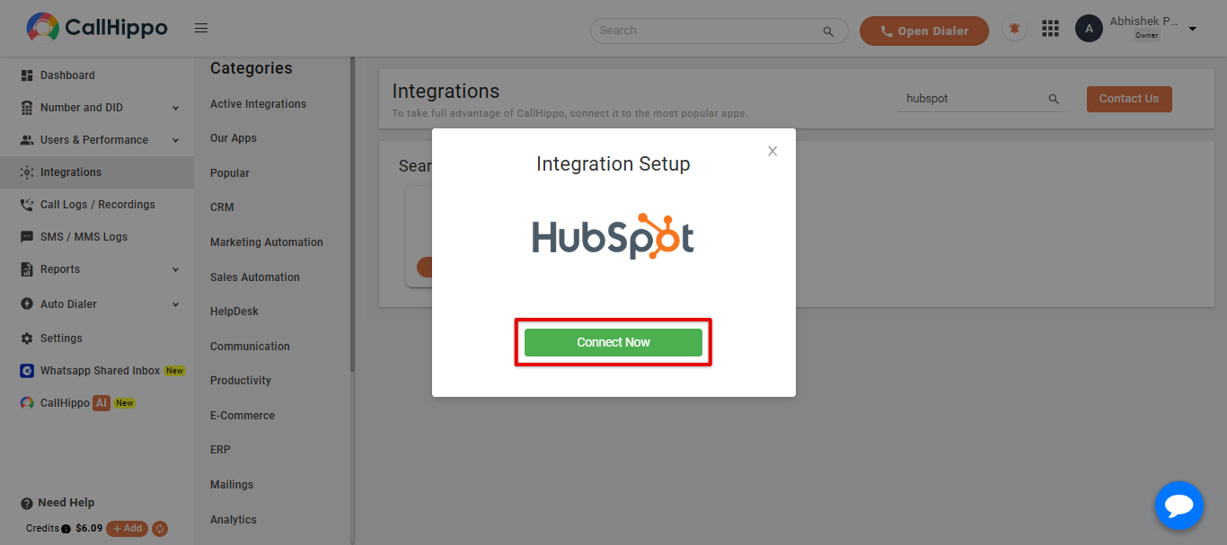 CallHippo Integrations HubSpot Integration Setup popup with Connect Now button
