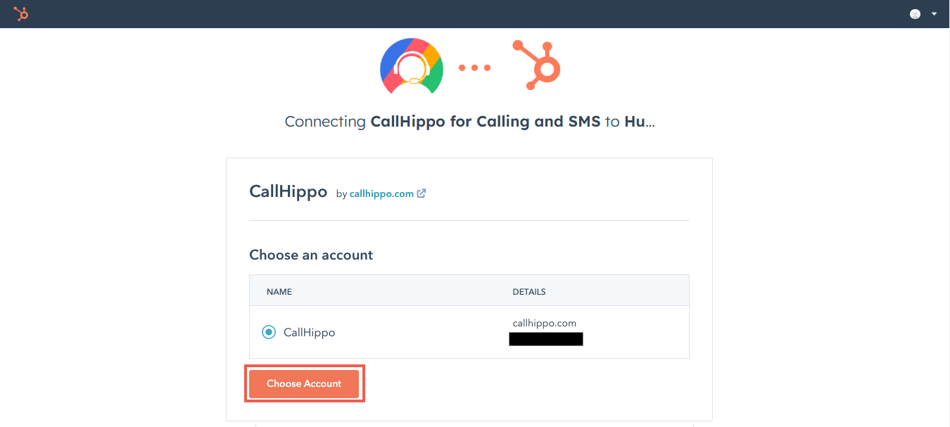 HubSpot Choose an account screen for connecting CallHippo