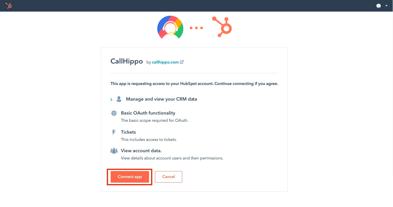 HubSpot permissions page with Connect app button for CallHippo