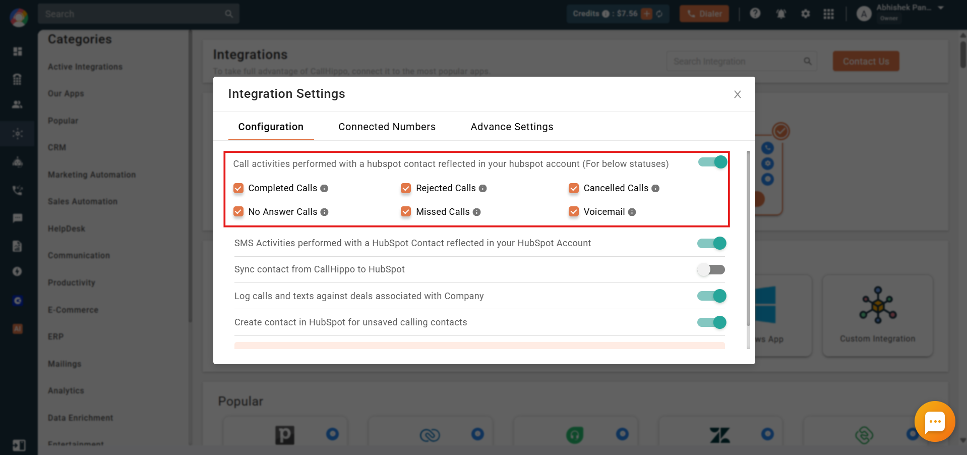 CallHippo Integration Settings Configuration tab with call activity statuses