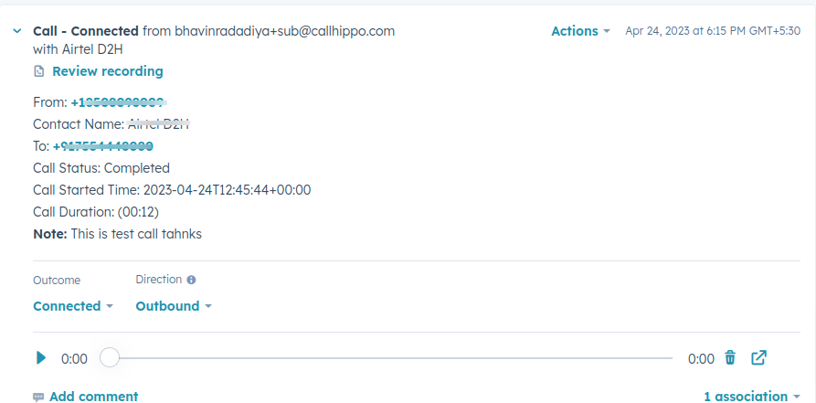 HubSpot contact activity showing a CallHippo call logged with outcome and note