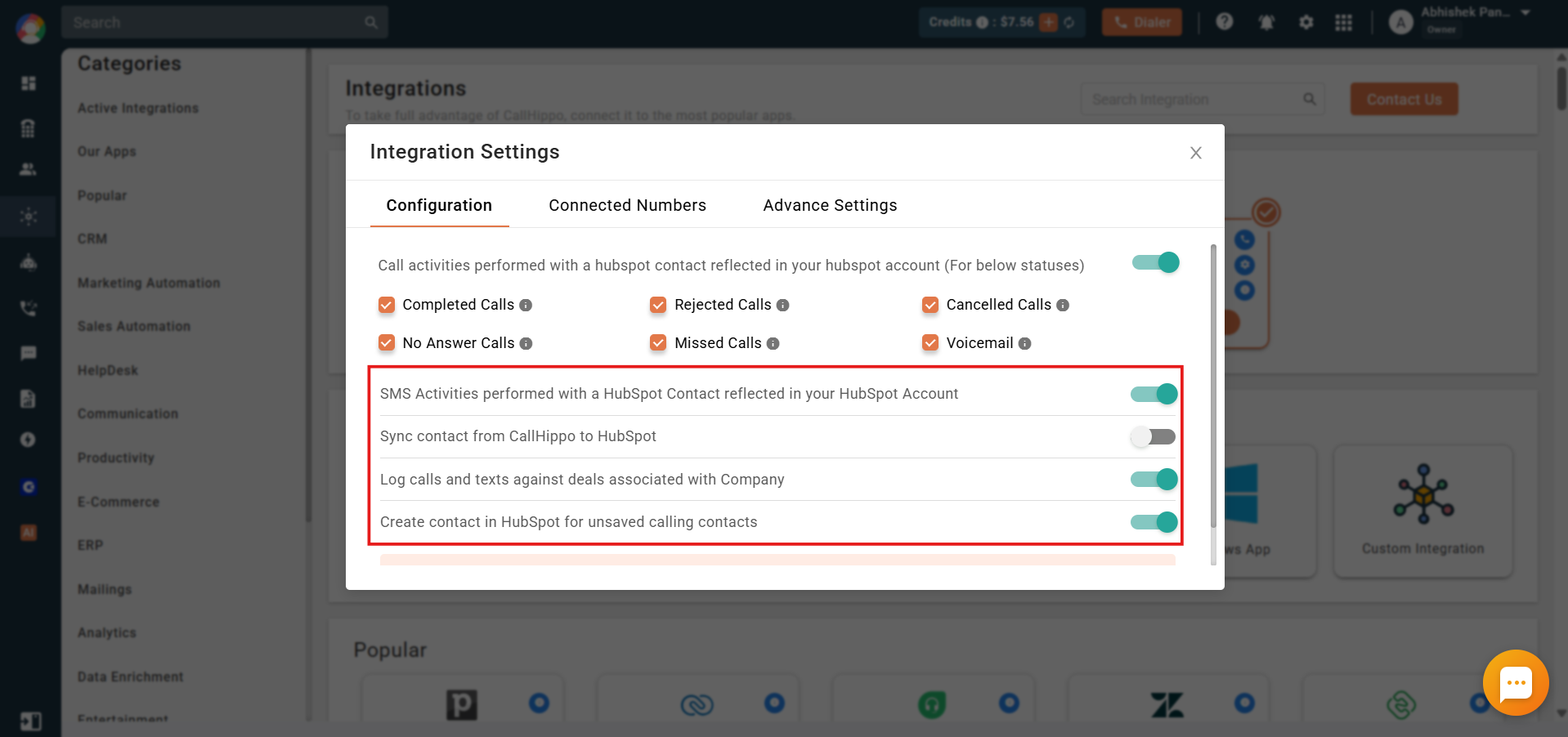 CallHippo Integration Settings Configuration tab SMS sync and create contact toggles