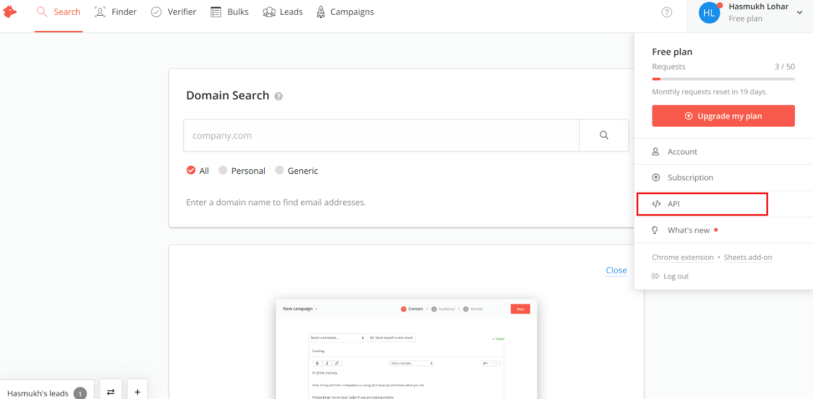 Hunter dashboard profile menu with API option highlighted