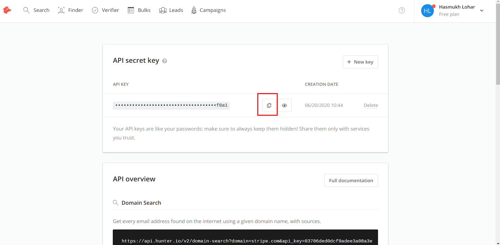 Hunter API secret key page with copy key button highlighted