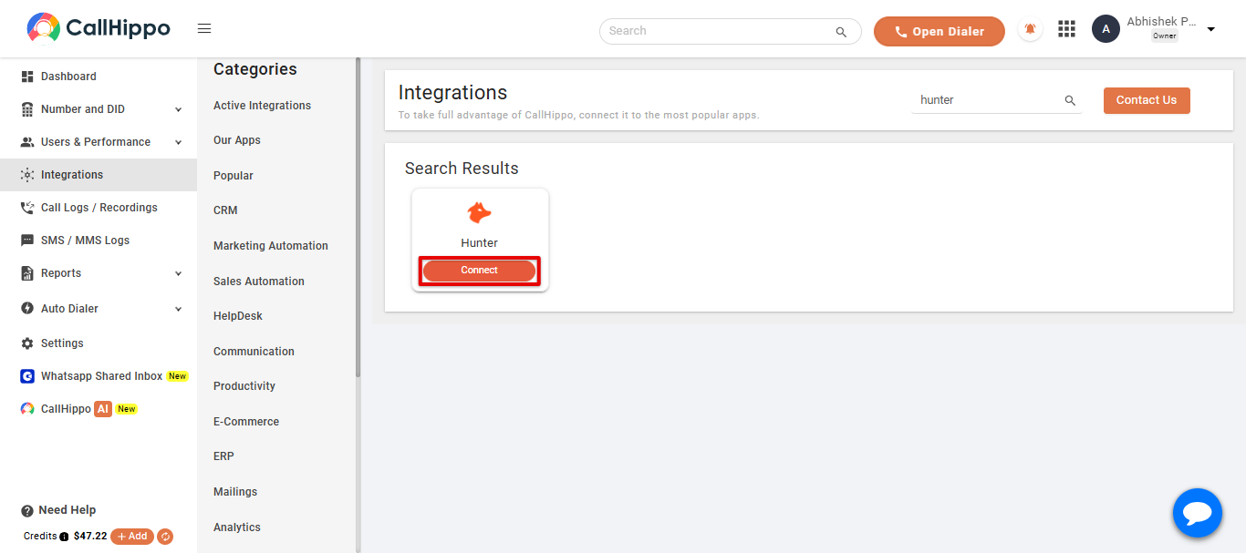 CallHippo Integrations page with Hunter Connect button highlighted
