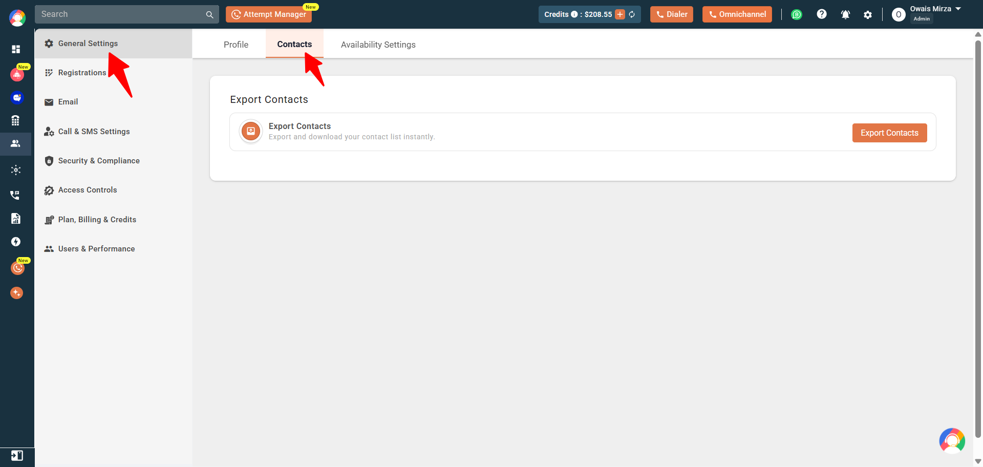 General Settings page with the Contacts tab selected showing the Export Contacts option