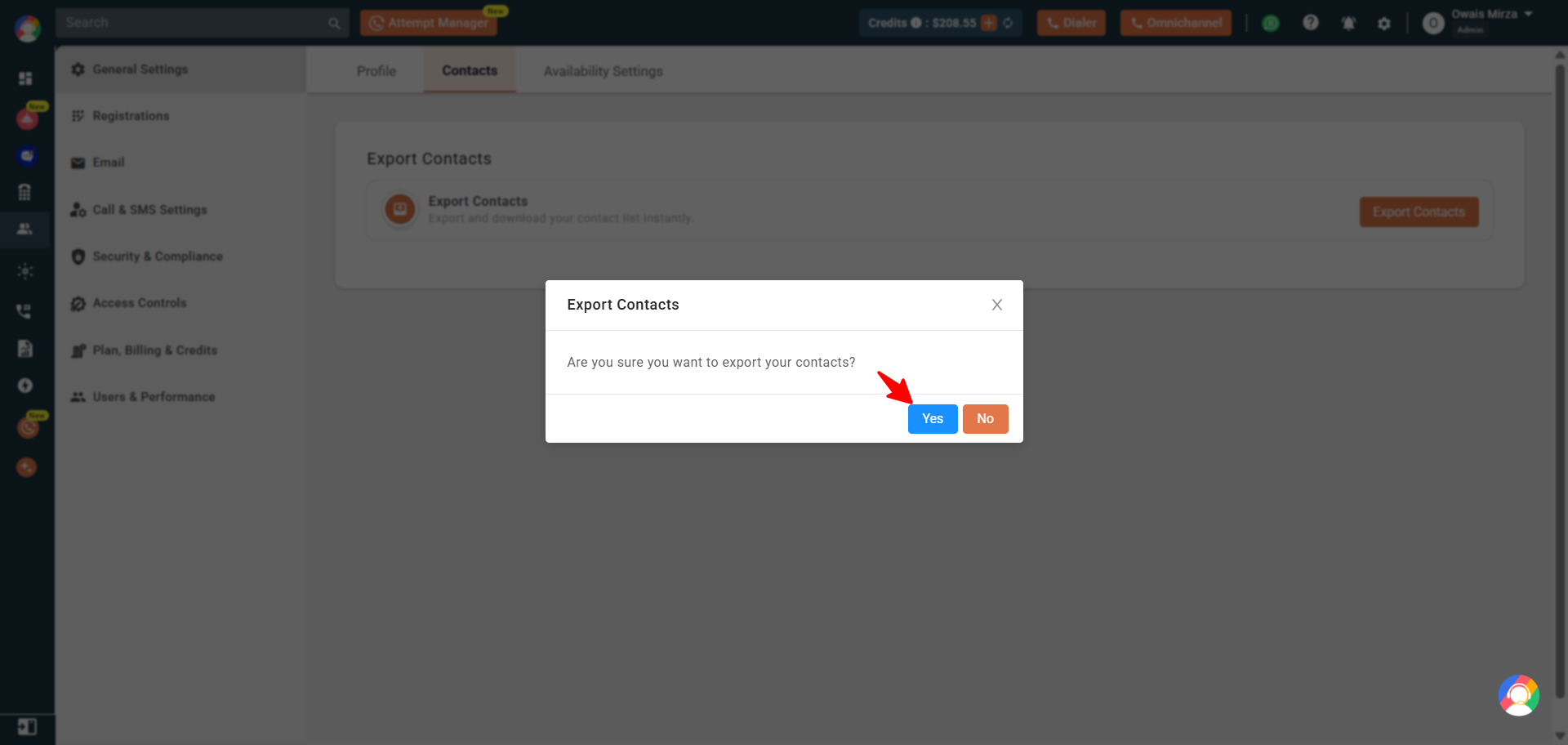 Export Contacts confirmation dialog asking Are you sure you want to export your contacts with Yes highlighted