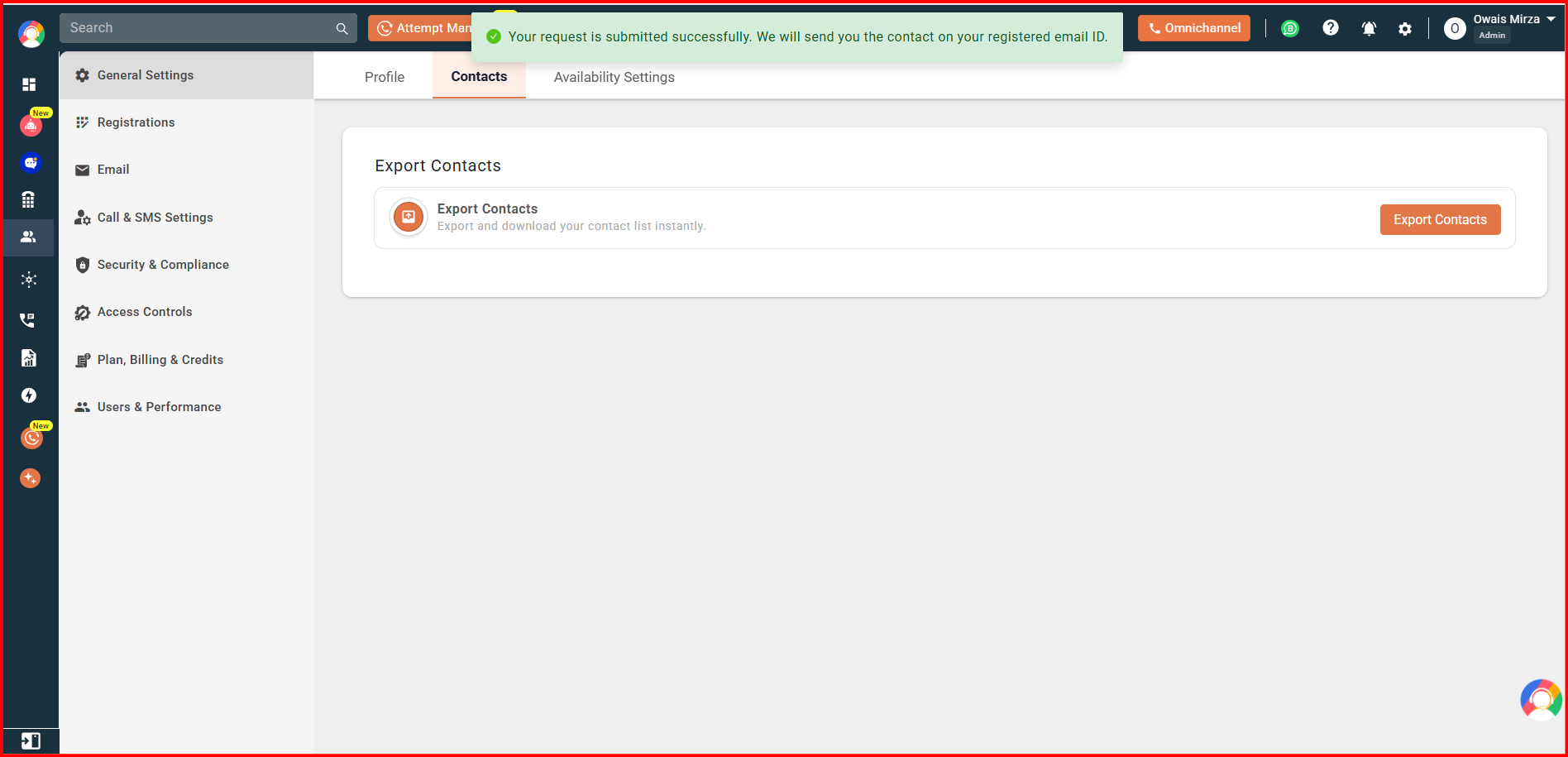 Success message confirming the export request was submitted and contacts will be sent to the registered email