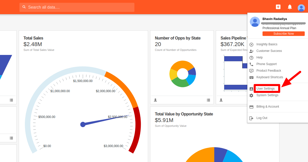 Insightly dashboard user menu with User Settings option highlighted