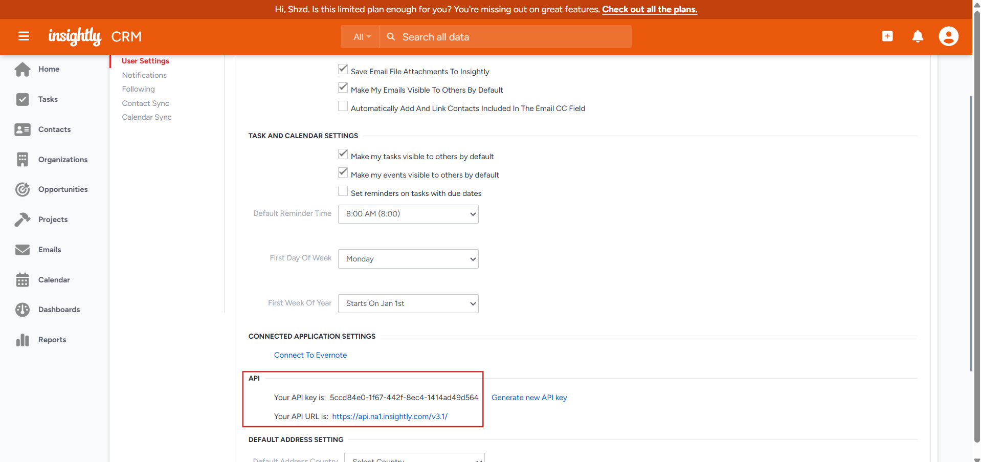 Insightly User Settings page showing API key and API URL