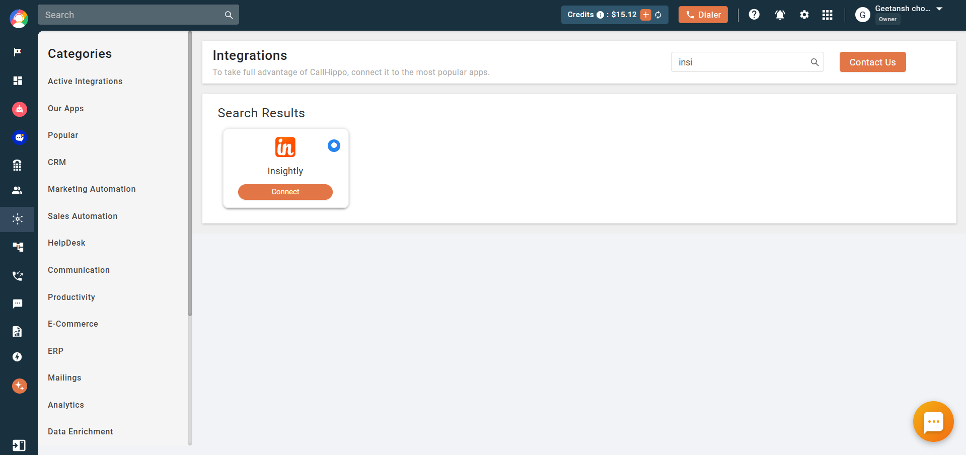 CallHippo Integrations page with Insightly Connect button