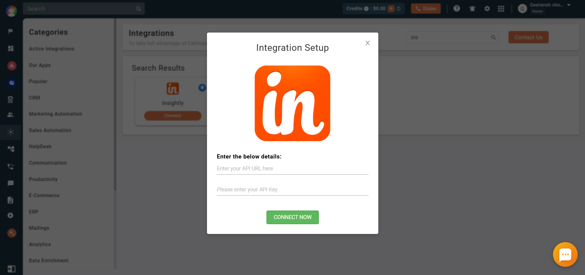 CallHippo Insightly setup modal with API URL and API Key fields and Connect Now button