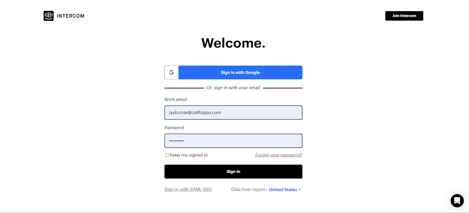 Intercom Welcome sign-in screen with work email and password fields