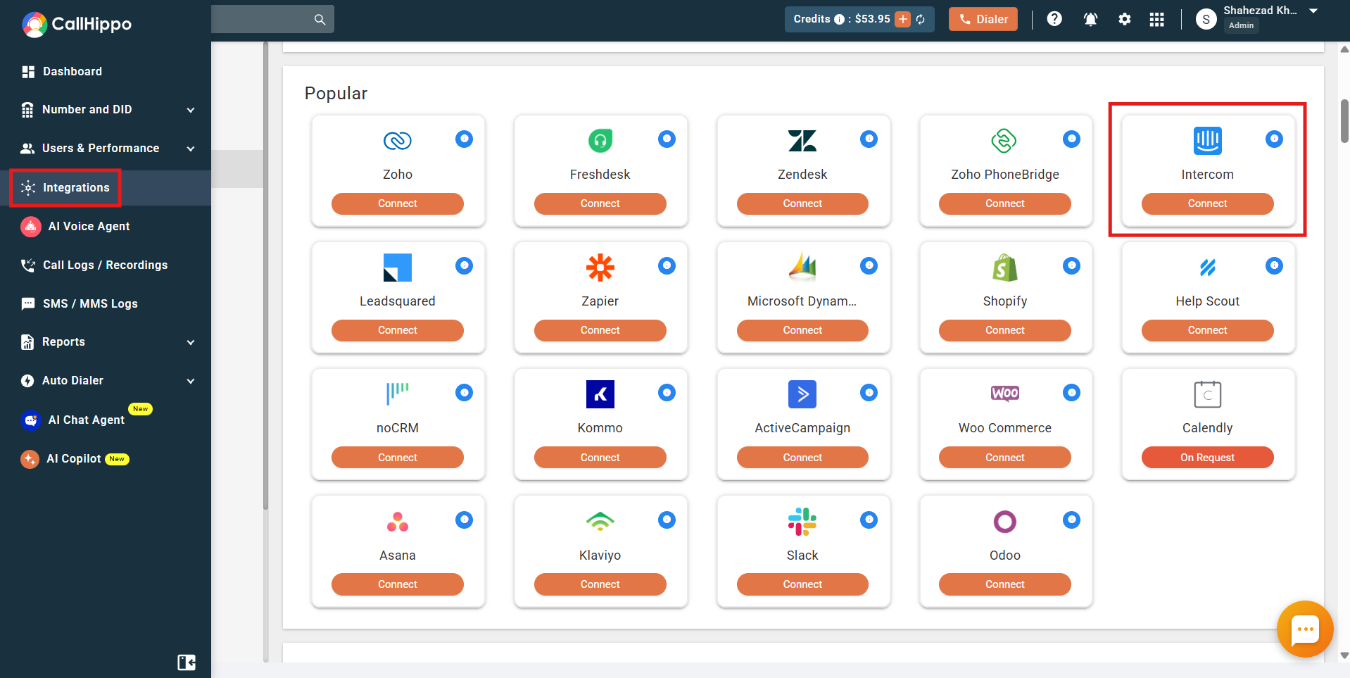 CallHippo Integrations page with the Intercom tile highlighted under Popular