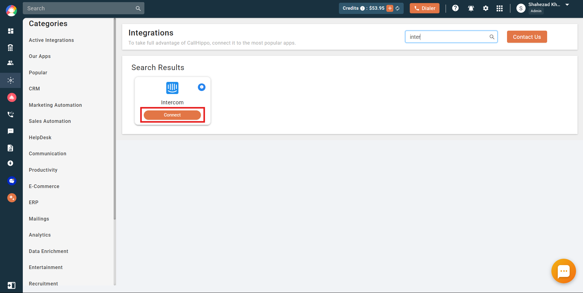 CallHippo integrations search result showing Intercom with the Connect button highlighted
