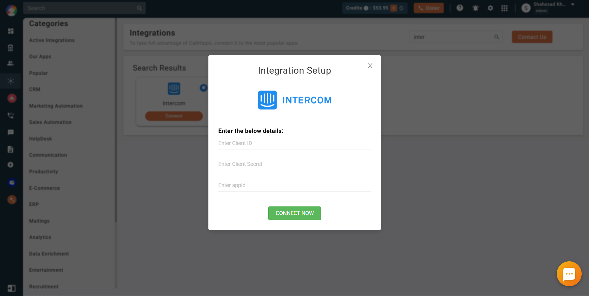 CallHippo Intercom Integration Setup dialog with Client ID, Client Secret and appId fields