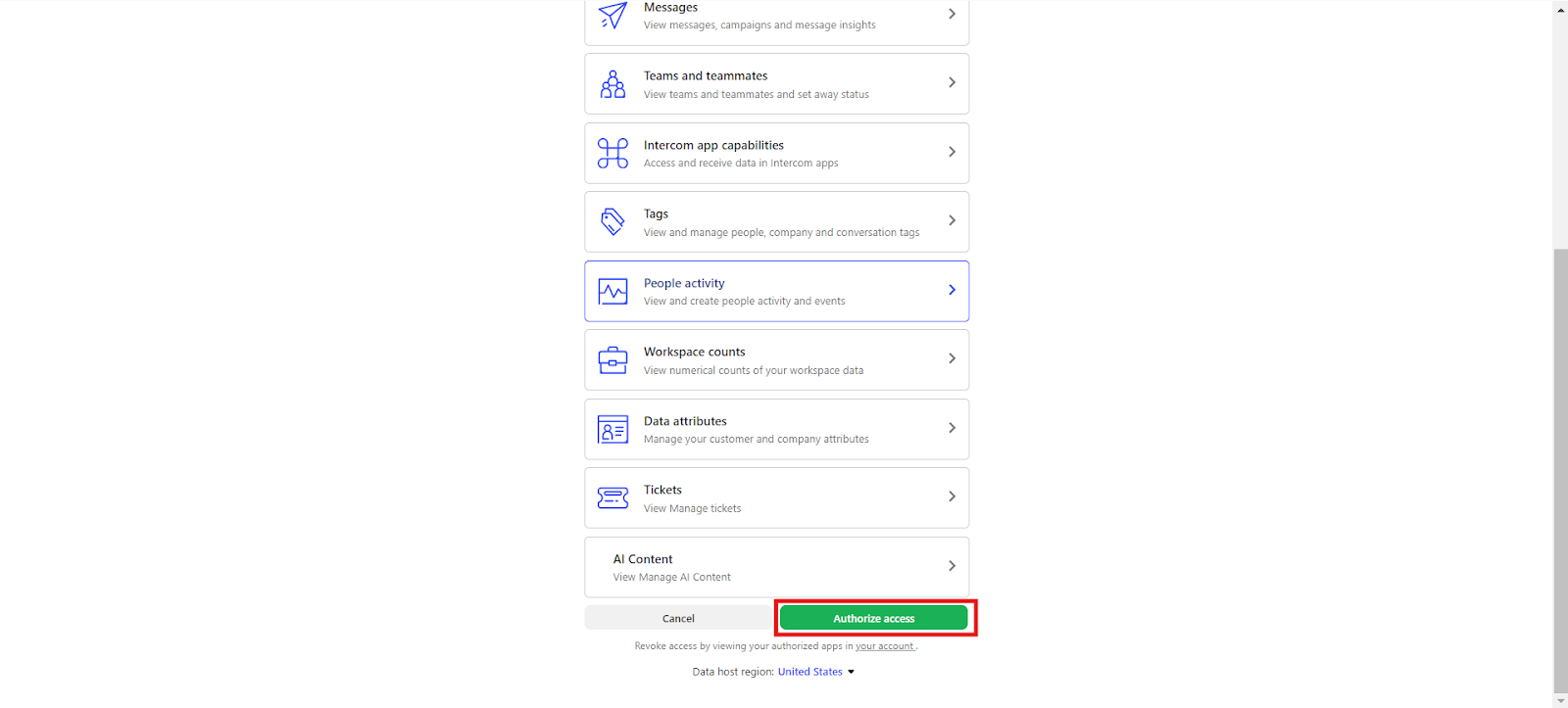 Intercom authorization screen with the Authorize access button highlighted