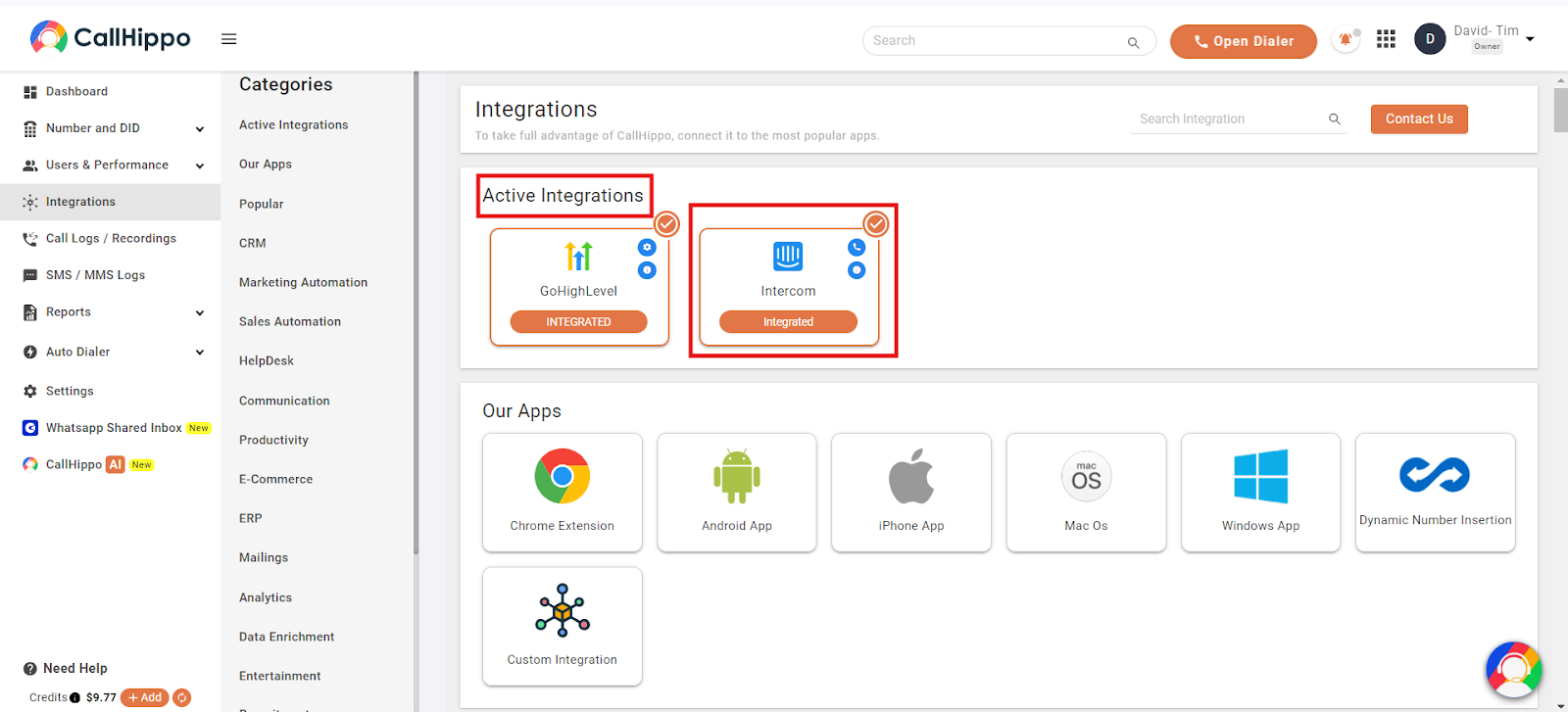CallHippo Active Integrations showing Intercom with an Integrated status