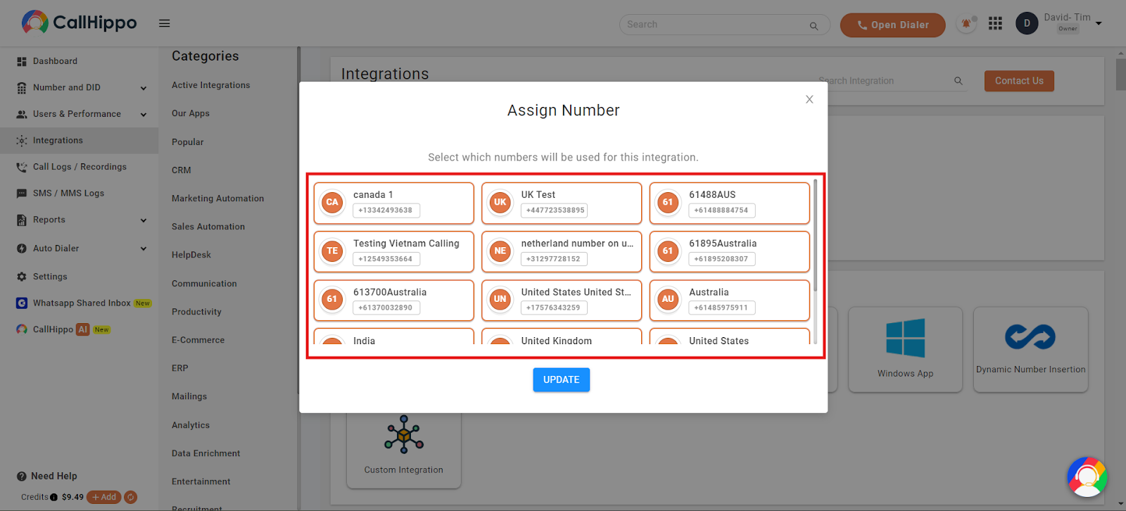 CallHippo Assign Number dialog for selecting which numbers push activity to Intercom