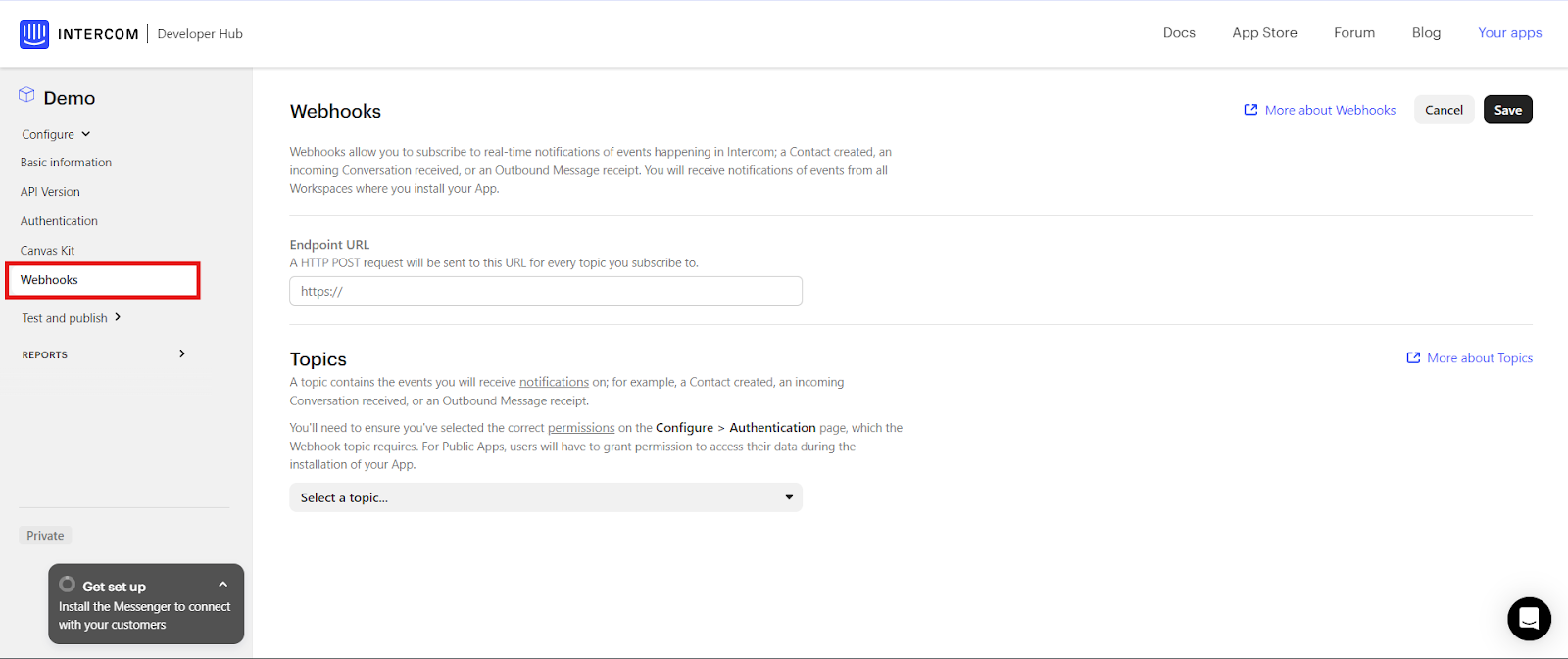 Intercom Developer Hub Webhooks tab highlighted with Endpoint URL field