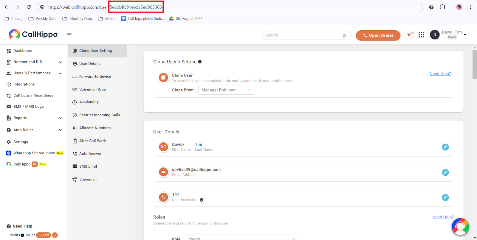 CallHippo user settings page with the user ID portion of the URL highlighted