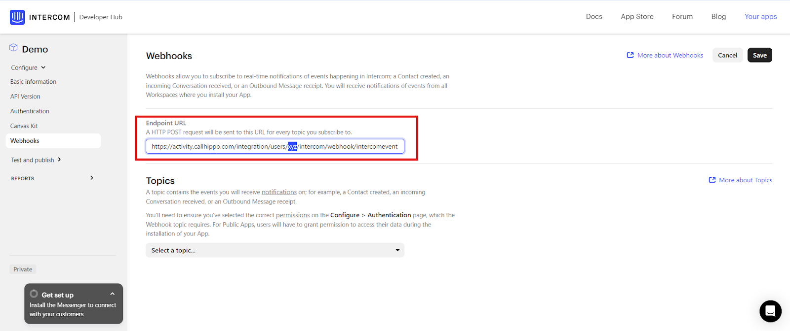 Intercom Webhooks Endpoint URL filled with the CallHippo intercomevent webhook address