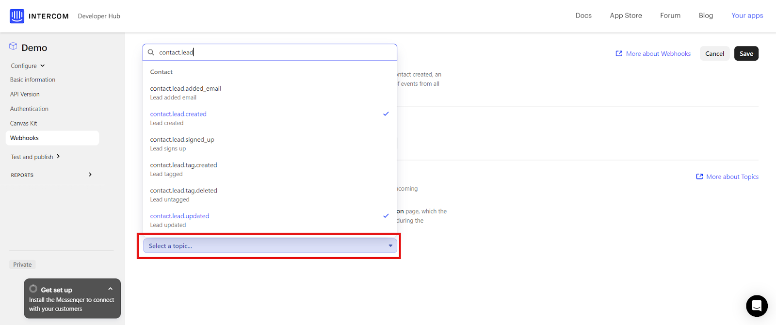 Intercom Select a topic dropdown showing contact.lead events to subscribe to