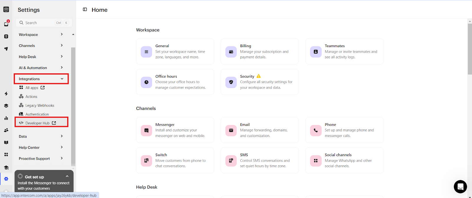Intercom Settings page with Integrations expanded and Developer Hub highlighted