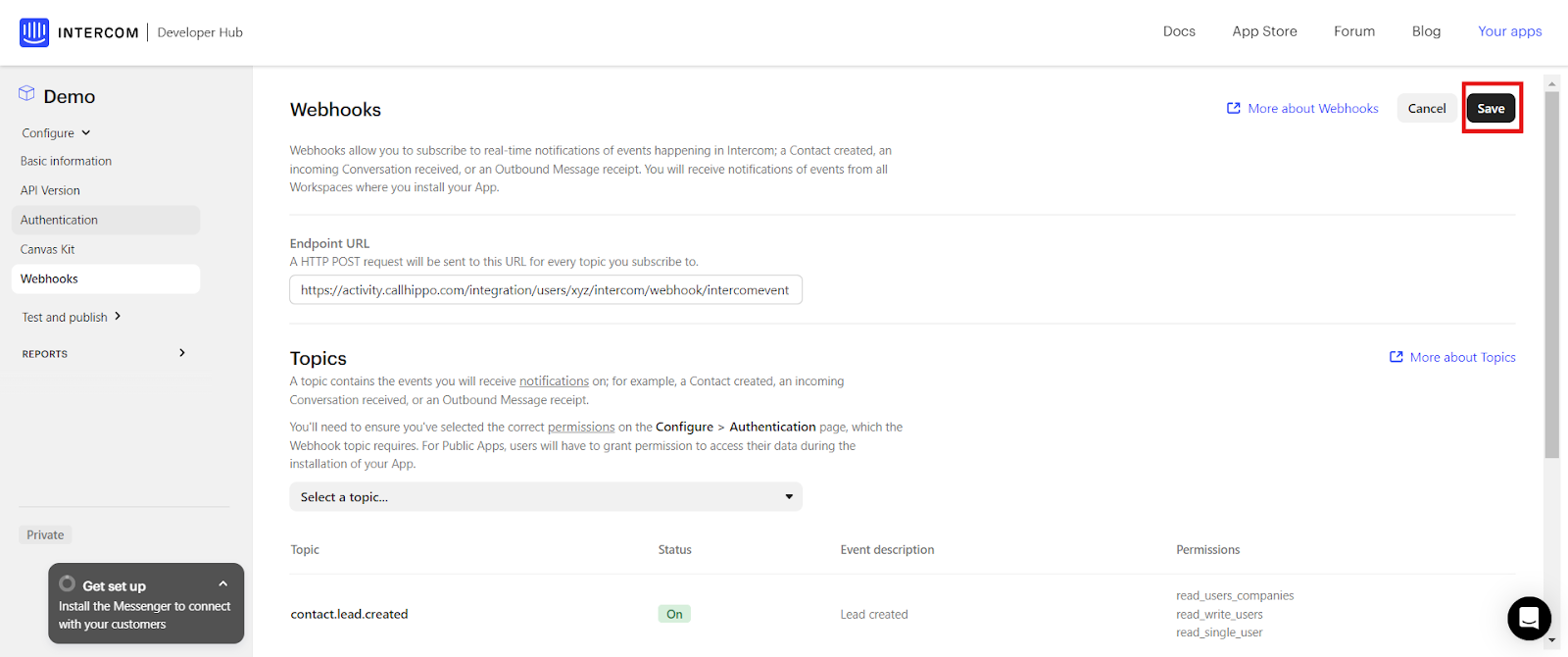 Intercom Webhooks page with a subscribed topic listed and the Save button highlighted