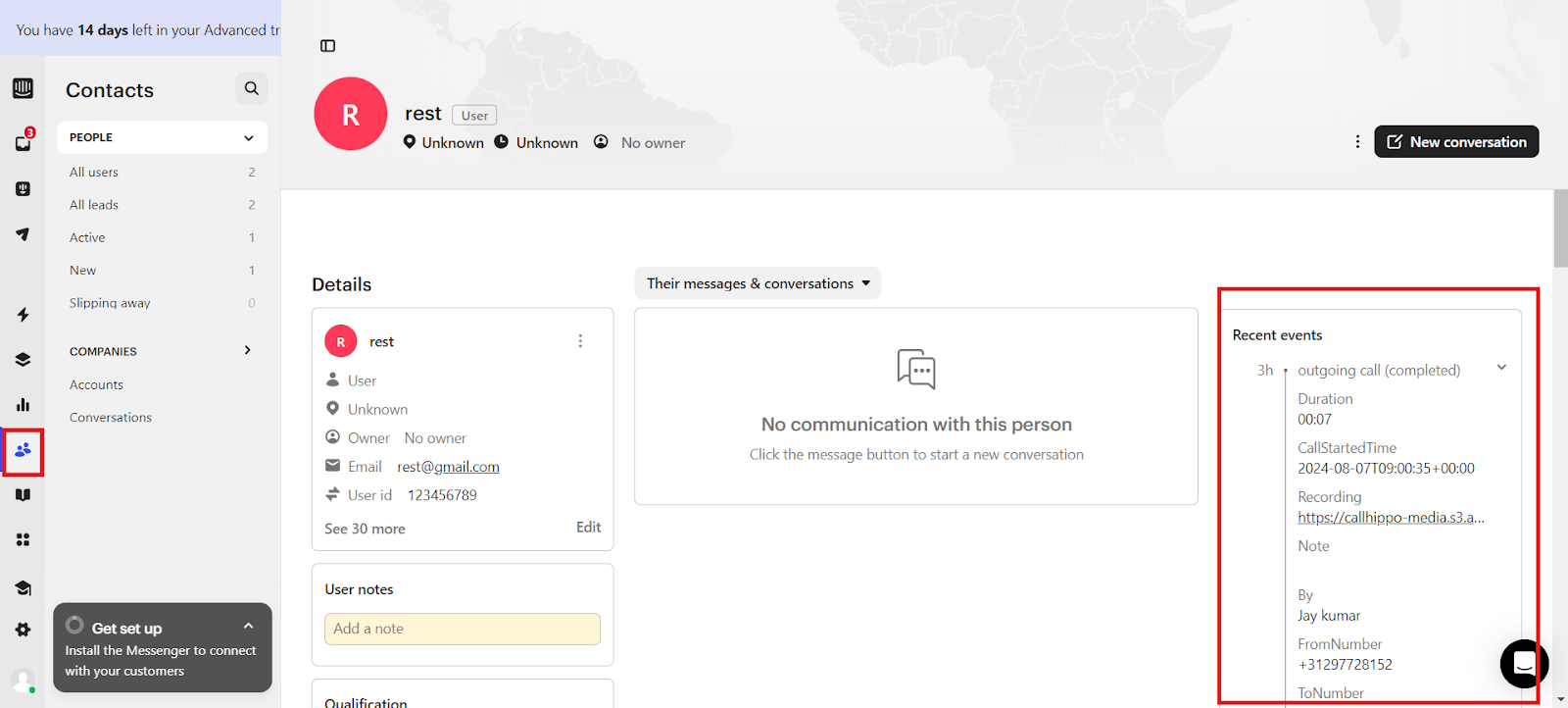 Intercom contact record showing CallHippo call activity under Recent events