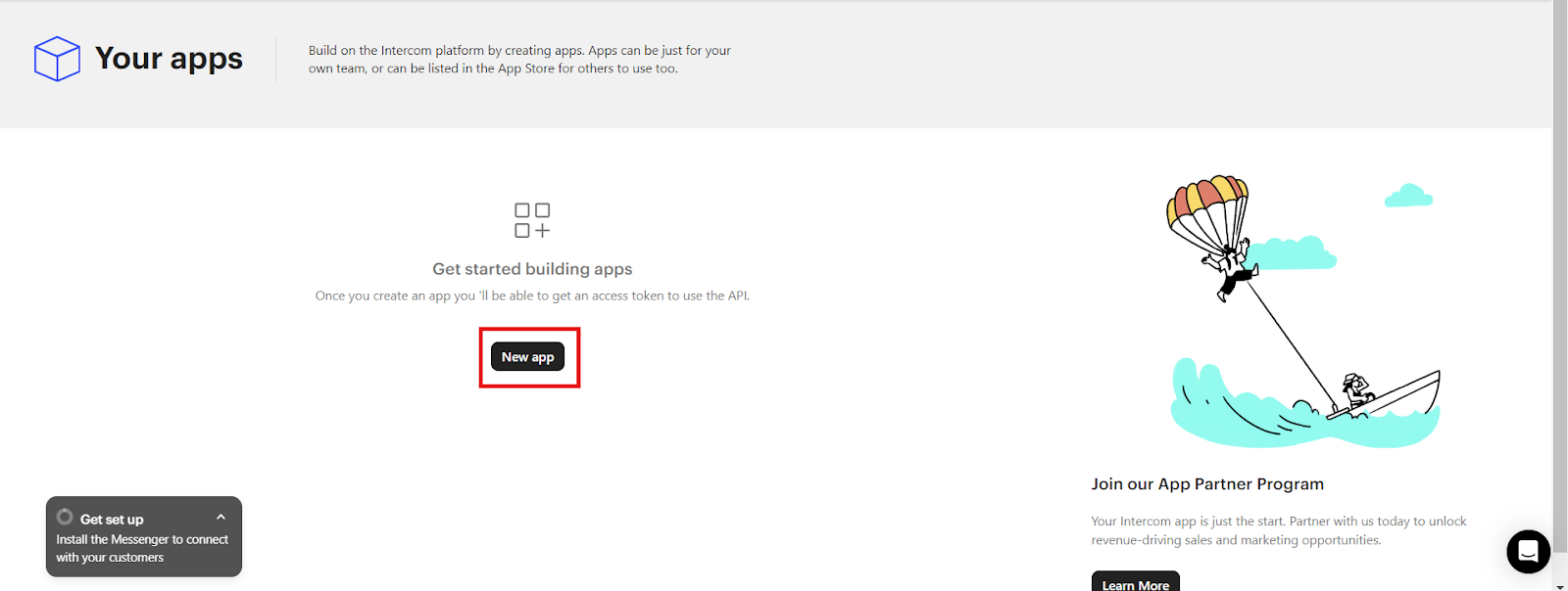 Intercom Developer Hub Your apps page with the New app button highlighted