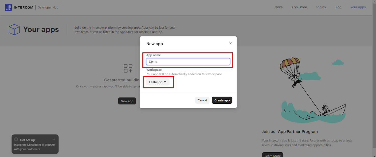 Intercom New app dialog with app name Demo and Callhippo workspace selected