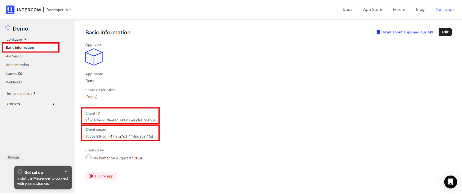 Intercom Basic information tab showing the Client ID and Client secret fields