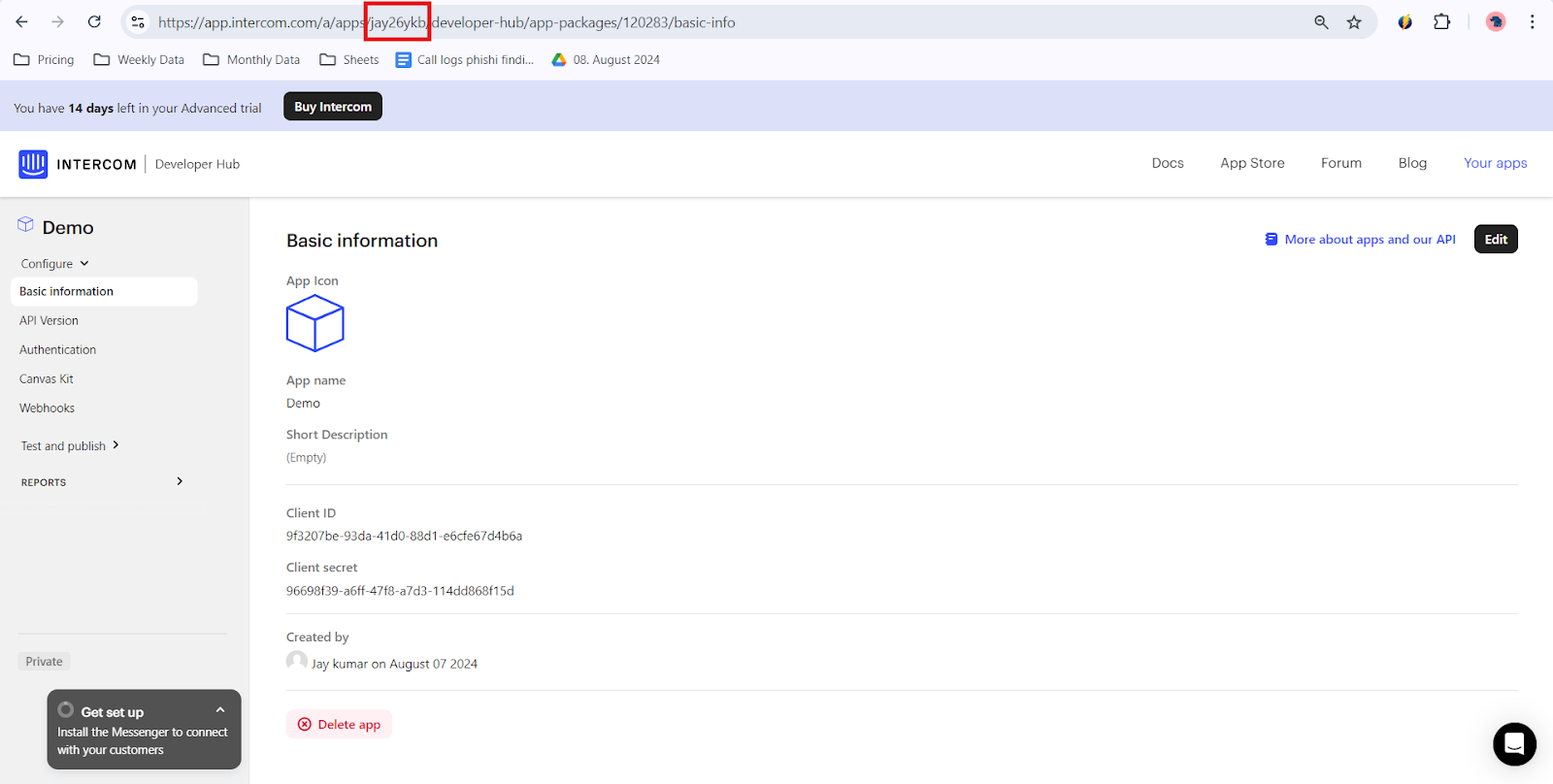 Intercom Developer Hub with the App ID portion of the browser URL highlighted