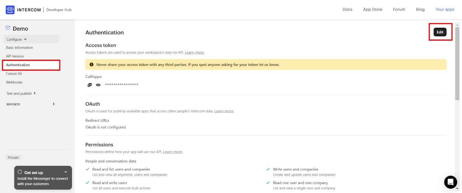 Intercom Authentication page with the Edit button highlighted